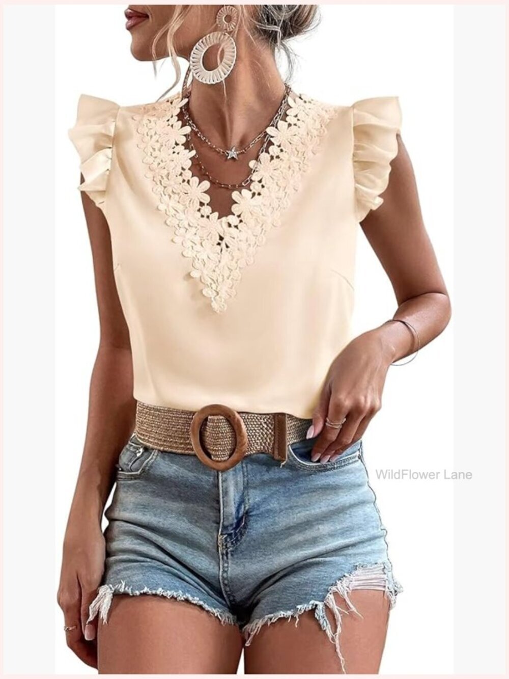 Floral Lace V-Neck Tunic Blouse Ruffle Sleeve Dressy Casual Summer Top